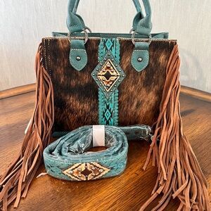Bohemian Crossbody Bag with Turquoise and Brown Fringe